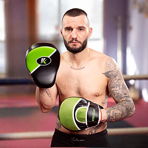 Kruzak Premium Boxing Gloves and Focus Mitts Set for Kickboxing and Muay Thai MMA Training| Focus Pads and Training Gloves | Fitness Kit for Martial Arts & Karate | 08, 10, 12, 14, 16 oz Gloves - color: Black and Green, size: 14 oz