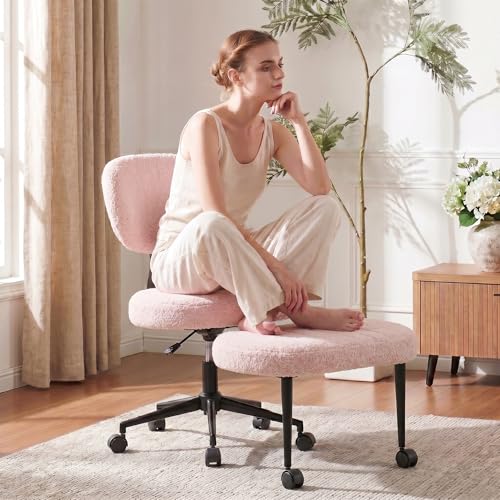 Cross Legged Office Chair with Wheels, 360 Swivel Height-Adjustable Meditation Chair with Lumbar Support, Pink - color: Pink, size: Oval Back