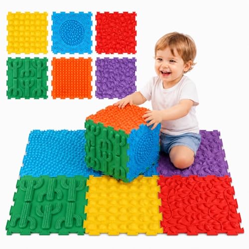 Edusense TPU Sensory Floor Tiles - Textured Puzzle Play Mat for Autistic Kids, Non-Slip Massage Game Mats for Sensory Indoor & Outdoor Use|6 Textures Interlocking Tiles for Sensory Therapy - color: Classical