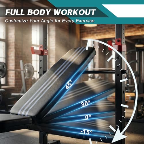 DUMOS Adjustable Weight Bench Set with Rack, 650LBS Foldable Bench Press | Easy Assembly Workout Set with Leg Extension Curl, for Indoor Exercise Home Gym - color: BLACK, size: 62''*37''*45''
