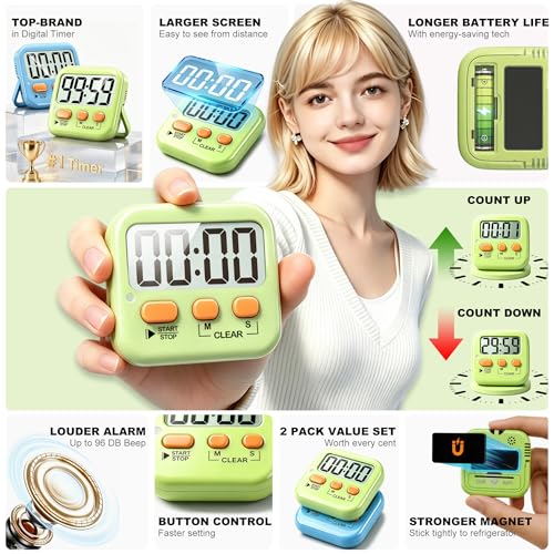 Antonki 2 Pack Digital Timer for Kids, Magnetic Countdown Kitchen Timers for Cooking, Egg, Classroom, Teacher, Exercise, Study, Oven - Battery Included - color: 2 * Green+ Sky Blue ( 95%+select for Kids )