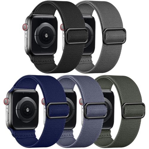 Adorve Stretchy Band Compatible with Apple Watch Bands Ultra 3/2/1 49mm 46mm 45mm 44mm 42mm 41mm 40mm 38mm Men Women, Soft Nylon Elastic Braided Strap Fits for iWatch Series 11/10/9/8/7/6/5/4/3/SE3-1 - color: Black/Gray/Navy Blue/Blue Gray/Dark Army Green