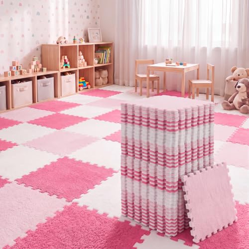 Amylove 72 Pieces Plush Foam Floor Mat Square Interlocking Carpet Tiles with Border 12 x 12 x 0.4 in Fluffy Play Mat Floor Tiles Soft Climbing Area Rugs for Home Playroom(White, Pink, Rose Red) - color: White, Pink, Rose Red