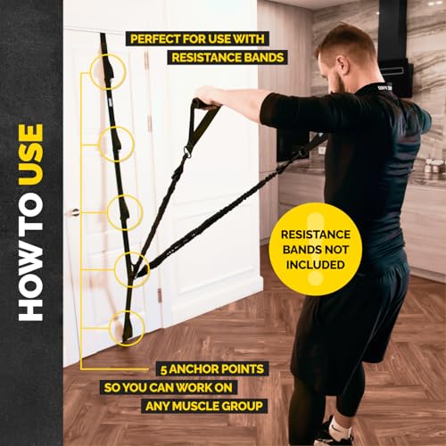 Door Anchor Strap for Resistance Bands with 5 Loops and Metal D-Rings | Fits most doors and resistance bands, 5 anchor points, reinforced nylon, tool-free setup, full-body workout versatility - color: Black Door Strap