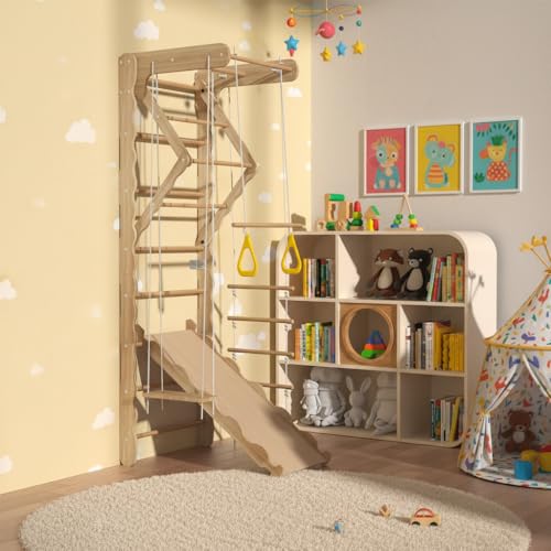 Indoor Wooden Climbing Wall Set, Natural Pine Material, 78.7x23.6 Inch Wall-Mounted Kids Gym with Slide, Rings and Rope Ladder, Weight Capacity 100 Pounds