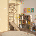 Indoor Wooden Climbing Wall Set, Natural Pine Material, 78.7x23.6 Inch Wall-Mounted Kids Gym with Slide, Rings and Rope Ladder, Weight Capacity 100 Pounds