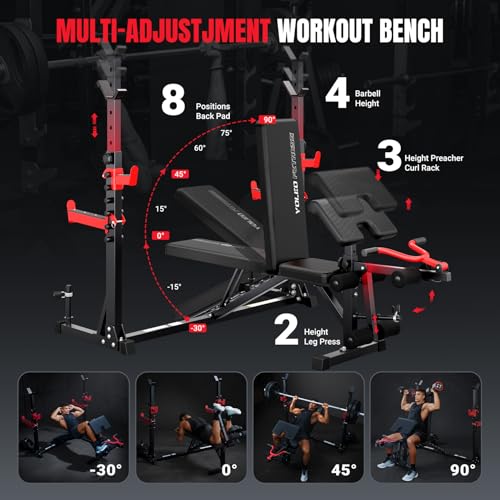 YOLEO Olympic Weight Bench Set with Rack, 1980LBS Capacity Bench Press Rack System, 47.44" Wide-Grip Bench, Leg Extension & Preacher Curl, Adjustable Incline Decline Weight Bench for Home Gym