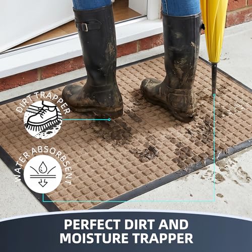 Front Door Mat Outside Entrance, Heavy Duty Waterproof Doormat | 35.5"x24" Indoor/Outdoor Dirt Trapper with Non-Slip Rubber Backing, Low Profile Easy Clean, Stain & Fade Resistant Beige - color: Beige, size: 2' x 2'11" (Rectangular)