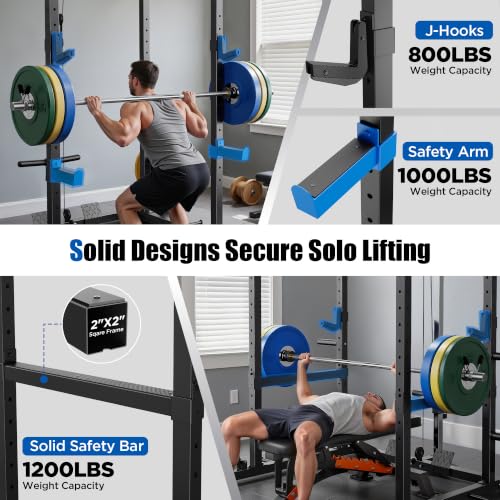 SPORTSROYALS Power Rack, Multi-Functional Power Cage, Squat Rack with Pulley System & LAT Pull Down, Workout Cage with J Hooks for Home Gym - color: Blue, style: Power Cage Only