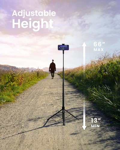 KraftGeek 66" JustTap Phone Tripod for iPhone, Automatic Selfie Stick for Cell Phone, Tripod Stand with Remote for Video Recording, Black - color: Black
