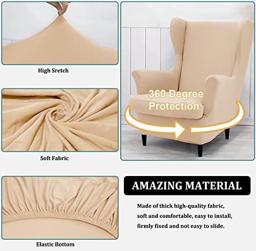 NILUOH Wingback Chair Cover 2-Piece Soft Stretch Wing Chair Slipcover Solid Color Armchair Sofa Couch Cover Furniture Protector with Elastic Bottom for Living Room Bedroom (Beige) - color: Beige