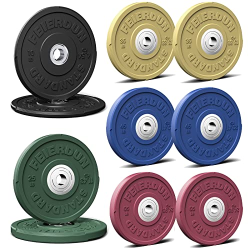FEIERDUN Color Bumper Plate Set, 2-Inch Olympic Weight Plates, Low Bounce Rubber Barbell Plates with Stainless Steel Insert for Weightlifting, Strength Training, CrossFit & Home Gym, 10LB-370LB - style: R) 340LBS SET