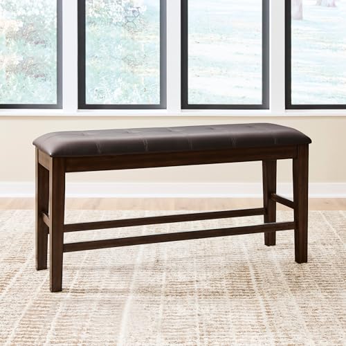 Signature Design by Ashley Upholstered Counter Height Dining Bench, 50" | Tufted faux leather seat, Sturdy solid wood frame in smoky oak finish, Fits 34-36" counter islands, Haddigan Series - color: Dark Brown, style: Counter Height Bench