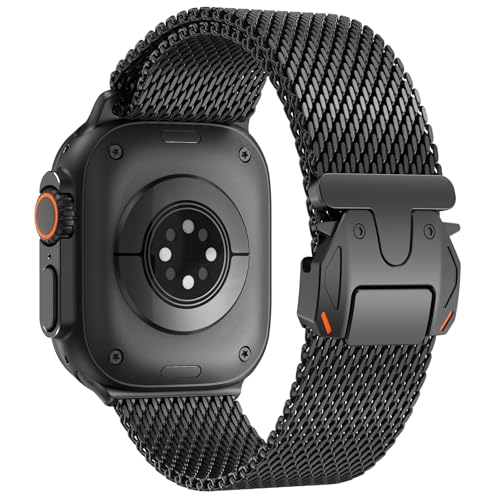 WINGLE Milanese Loop for Apple Watch Band Ultra 3/2/1 Band Ultra 49mm Series 11 10 46mm 45mm 44mm SE 3/2/1 Series 9 8 7 6 5 4 3 Men Women,Parachute-Style Buckle Stainless Steel Mesh Metal iWatch Bands - color: Black