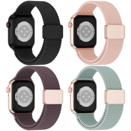4 Pack Magnetic Stretchy Braided Sport Loop for Apple Watch Band Women Men | Nylon Elastic Strap Compatible with iWatch Series 11/10/9/8/SE/7/6/5/4/Ultra 3 2 for 38mm 40mm 41mm 42mm 44mm 45mm 46mm 49mm - color: Black/Sand Pink/Dark Cherry/Cactus, size: 42
