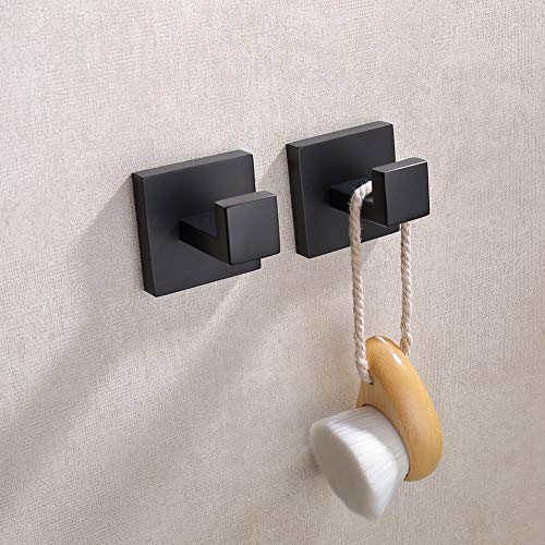 TASTOS Bath Towel Hooks Matte Black, 2 Pack Stainless Steel Robe Coat and Clothes Hook, Heavy Duty Wall Hook for Bathroom & Kitchen, Modern Square Style Wall Mounted (Black) - color: Matte Black, size: Square (2 Pack)