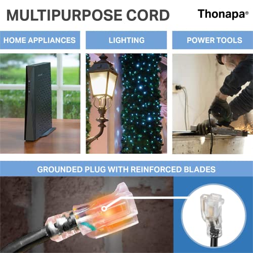 Thonapa 12 Gauge Extension Cord 100 Ft Outdoor - 12/3 Heavy Duty, SJTOW Oil | Resistant Black Cable, Lighted End, 3 Prong, Grounded Plug, For Job Sites, Garden & Major Appliances - color: Black, size: 100 Foot
