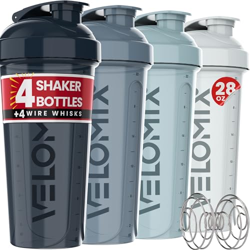 VELOMIX 4 Pack 28oz Shaker Cups for Protein Shakes, Aqua Depths | 4x Wire Whisk, Leak Proof Protein Shaker Bottle for Protein Mixes, Stackable, Dishwasher Safe, Gym Ready, Measurement Marks - color: A1) Aqua Depths