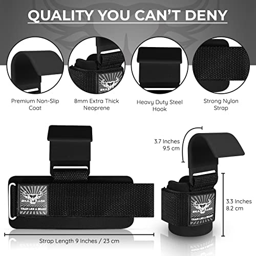 BEAST RAGE Weight Lifting Hooks (Pairs) for Men Anti Slip Durable Coated Grip Wrist Straps for Pull Ups Deadlift Strength Fitness Bodybuilding Women Hook Exercise - color: Black