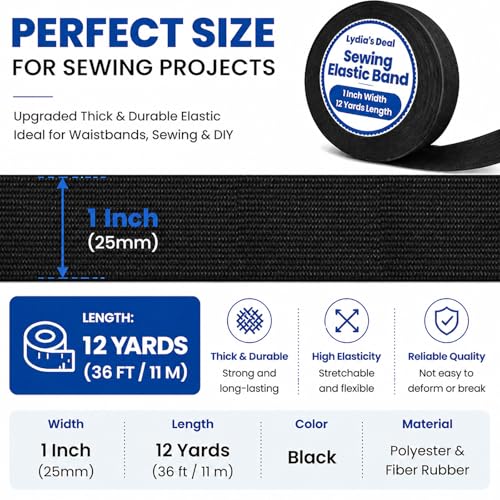 Lydia's Deal Elastic Bands for Sewing Wide 1 Inch x 12 Yards,High Elasticity Knit Elastic Spool Elastic Straps for Wig -Black - color: Black, size: 1 Inch * 12 Yards