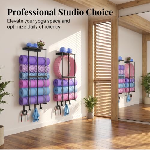 Yoga Mat Holder Yoga Mat Holder Wall Mount Home Gym Accessories Organizer,Towel Storage Rack with 4 Hooks for Hanging Foam Roller and Resistance Bands Gym Organization for Home Gym