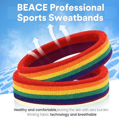 BEACE Sweatbands Sports Headband for Men & Women - Moisture Wicking Athletic Cotton Terry Cloth Sweatband for Tennis, Basketball, Running, Gym, Working Out - color: Rainbow