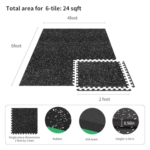 0.56in Thick 24 Sq Ft Gym Flooring for Home Gym, 6 Tiles Workout Exercise Equipment Mats, Rubber Top with EVA Foam, Interlocking Puzzle Floor Tiles for Fitness Room, Protective Flooring Mat - size: 0.56in