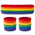 Suddora Striped Sweatband Set, Moisture Wicking 2 Wristbands and 1 Headband, Breathable Athletic Sweat Bands for Sports, Costumes & Cosplay, Matching Bands to Wear with Jersey - color: Rainbow