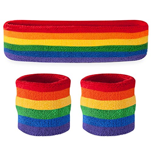 Suddora Striped Sweatband Set, Moisture Wicking 2 Wristbands and 1 Headband, Breathable Athletic Sweat Bands for Sports, Costumes & Cosplay, Matching Bands to Wear with Jersey - color: Rainbow