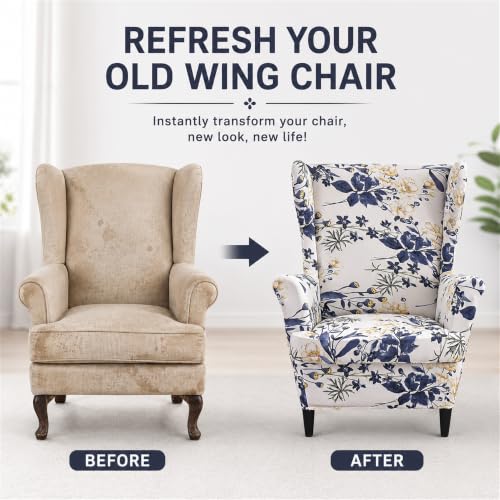 NILUOH Wingback Chair Slipcover, 2-Piece Stretch Wing Chair Cover, Washable Soft Fit Slipcover for Wingback Armchairs, Non-Slip Furniture Protector for Living Room, Flower Field - color: 12