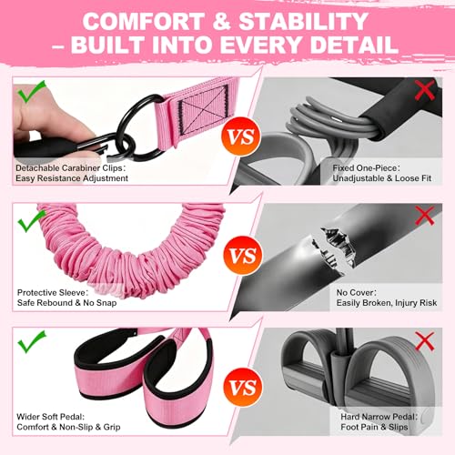 Multifunction Foot Pedal Resistance Band with Handle, 3-Tube Adjustable Elastic Yoga Exercise Bands, Home Gym Workout Equipment for Women & Men to Tone Abs, Core, Chest, Arm, Leg, Waist - color: Pink