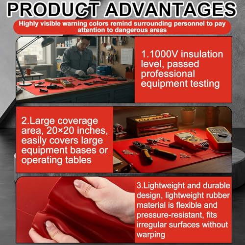 1 Pcs 20" x 20" Insulated Rubber Mat, 1000v High Voltage Insulation Blanket Electrical Safety Rubber Mat Non Conductive Dielectric Mats for Electricians Industrial Workspaces, Red - color: Red, size: 20" X 20" X 0.06"