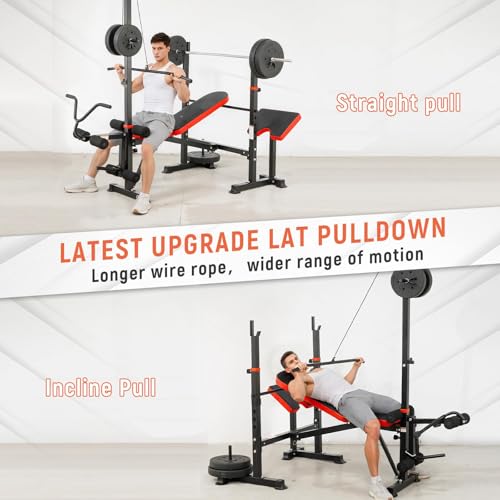 Foldable 1500LBS 8 IN 1 Olympic Weight Bench Set with Squat Rack, Leg Extension/Curl & Preacher Curl, Adjustable Bench Press Set with Safety Bar Catches for Home Gym Full Body Workout - color: ruby red