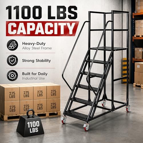 6 Step Rolling Ladder with Handrails, 1100 lbs Capacity Heavy Duty Mobile Warehouse Ladder with Wheels, Industrial Steel Non-Slip Rolling Stairs with Large Platform, for Garage Stockroom Library - color: Black, size: 6 Step