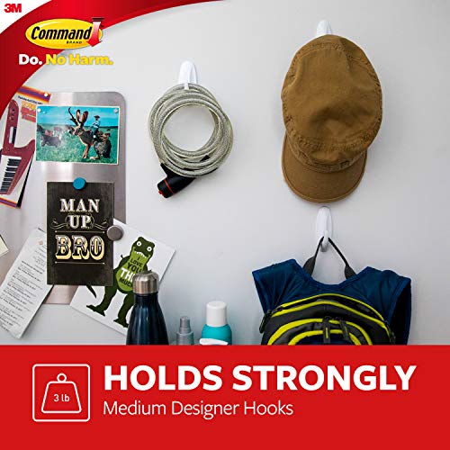 Command Medium Designer Hooks, 2 Hooks and 4 Strips, Damage-Free Hanging Wall Hook with Adhesive Strips, Adhesive Hooks for Hanging Back to School Dorm Organizers, Holds up to 3 lb