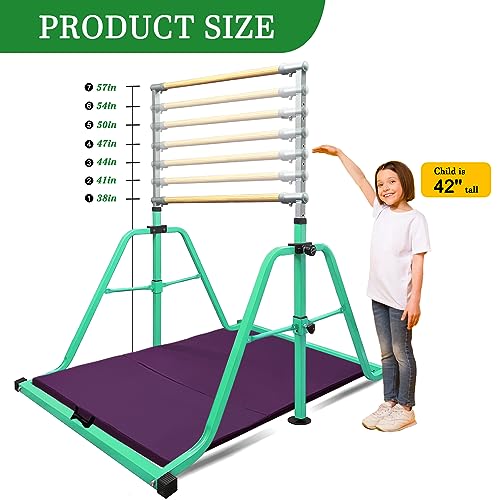 Foldable & Moveable Gymnastics Horizontal Bar with Rings,3’to 5’Adjustable Height Expandable Junior Kip Bar for Home,Indoor Gym Equipment for Kids - style: Green with MAT
