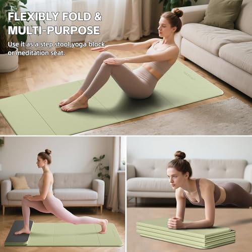 7-Fold Yoga Mat 70"x24" - 1/2 Inch Thick | Folding Exercise Mat, Compact Non-Slip TPE Mat, For Travel, Storage, Yoga & Home Gym, Lightweight & Portable - color: Grass Green + Black