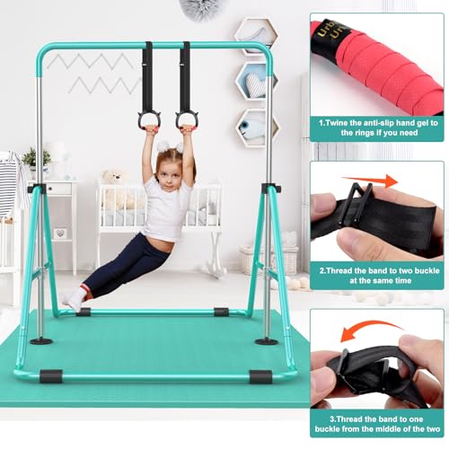 RINREA Gymnastic Bars for Kids, Adjustable Height Horizontal Bar for Home | 5-Height 35"-51", Foldable & Space-saving, Indoor Outdoor Training Kip Bar, with Gymnastics Rings & Gymnastics Pad - color: Green with Mat