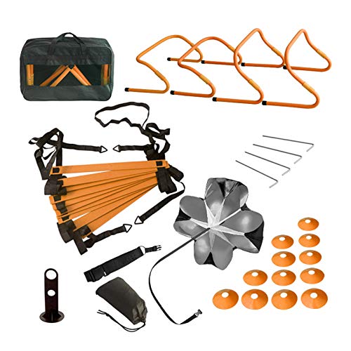 TOCO FREIDO Speed&Agility Training Set – 20ft Agility Ladder Set with 12 Rungs, 4 Adjustable Training Hurdle, 12 Disc Cones, 2 Resistance Bands, 1 Running Parachute and Footwork Drills Equipment - color: Dark orange