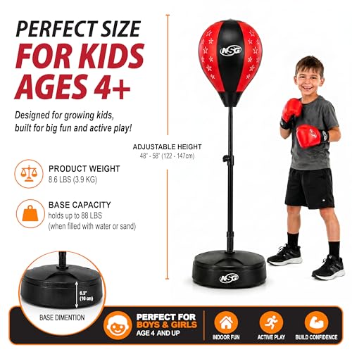 NSG Punching Bag for Kids & Boxing Gloves Set - Adjustable Freestanding Speed Bag with Spring-Loaded Stand, Junior Boxing Gloves & Hand Pump - Portable, Easy Assembly for Boys, Teens, Toddlers Ages 4+ - size: Large