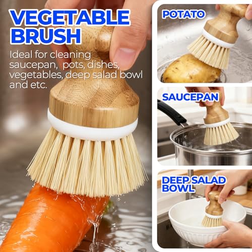 Holikme 6 Pack Dish Brush Scouring Pad Set with Bottle Brush, Dish Brush, Palm Scrub Brush and Straw Brush, Dish Scrubber Long Handle for Dish Bottle Cup Pot Pan Iron Abrasive Cup Brushes, Yellow - color: Yellow