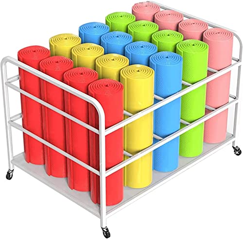 Large Yoga Mat Storage Cart with Wheels, Floor Metal Yoga Mat Holder Basket, Gym Foam Rollers Organizer, for Gym/Yoga Studio Hold 20 Exercise Mats - color: White