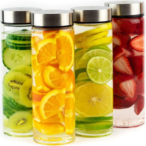 Juice Bottles - 4 Pack Wide Mouth Glass Bottles with Lids - for Juicing, Smoothies, Beverage Storage - 16oz Glass Water Bottles, BPA Free, Stainless Steel Lids, Leakproof, Reusable, Borosilicate - size: 16 Ounces