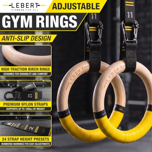 Lebert Fitness Wooden Gymnastic Rings – 1.25" Rings with Numbered Straps