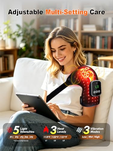 Red Light Therapy for Shoulder - 5000mAh Cordless Heating Pad with Massage, 240 Beads 660nm 850nm Infrared Wrap for Muscle Tension, Post-Workout Recovery, Gifts for Men Women, Fits Left & Right - color: Jet Black