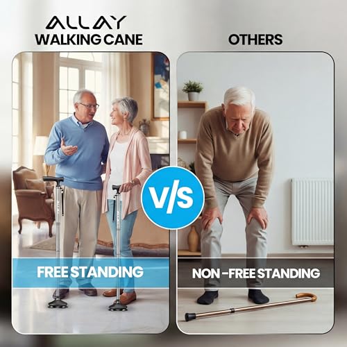 Allay Walking Canes for Men & Women - Adjustable Canes for Women for Stability, Self Standing Wide Quad Pivot Base, Light Weight, Soft Handle Grip and Travel Bag, Walking Sticks for Seniors - color: Silver
