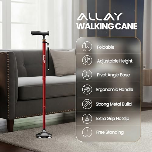Allay Walking Canes for Men & Women - Adjustable Canes for Women for Stability, Self Standing Wide Quad Pivot Base, Light Weight, Soft Handle Grip and Travel Bag, Walking Sticks for Seniors - color: Red