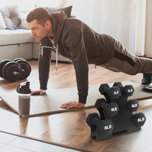 BalanceFrom Neoprene Coated Iron Dumbbell Hex Weights Set with Stand – Color-Coded or Black Options with Non-Slip Grip for Strength Training, Resistance Workouts, and Home Gym Fitness - style: 32LBS Set