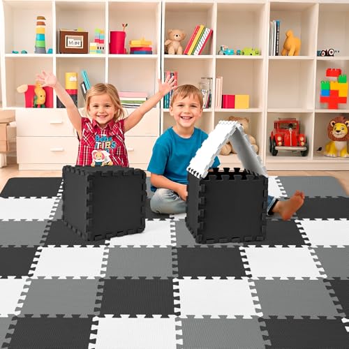 36Pcs Baby Play Mat for Floor, Foam Floor Tiles for Kids with Interlocking, Squares Foam Puzzle Carpet for Playroom,Crawling Rug for Babies 6-12 Months,Toddlers,11.8*11.8*0.6In Each (Gray-black-white) - color: Gray-black-white, size: 36 PCS