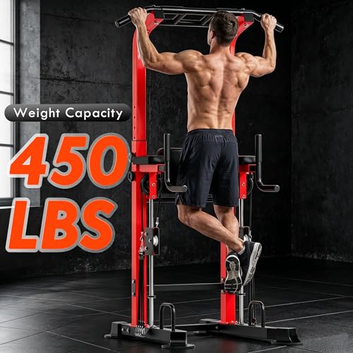 SogesPower Power Tower Dip Station Pull Up Bar for Home Gym Multi-Function Adjustable Height Strength Training Workout Equipment - color: Red